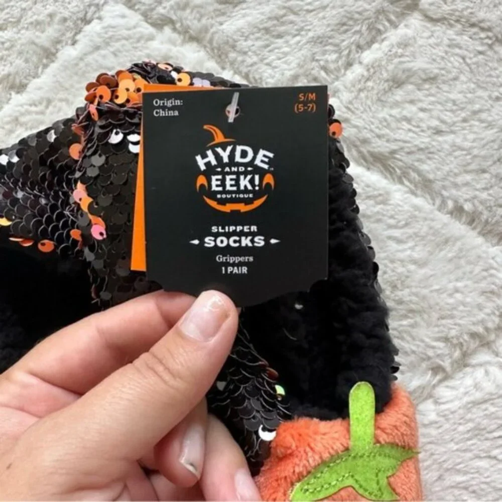 Target Hyde & Eek! | Pumpkin Reversible Sequin Slipper Socks | Size Small/Medium